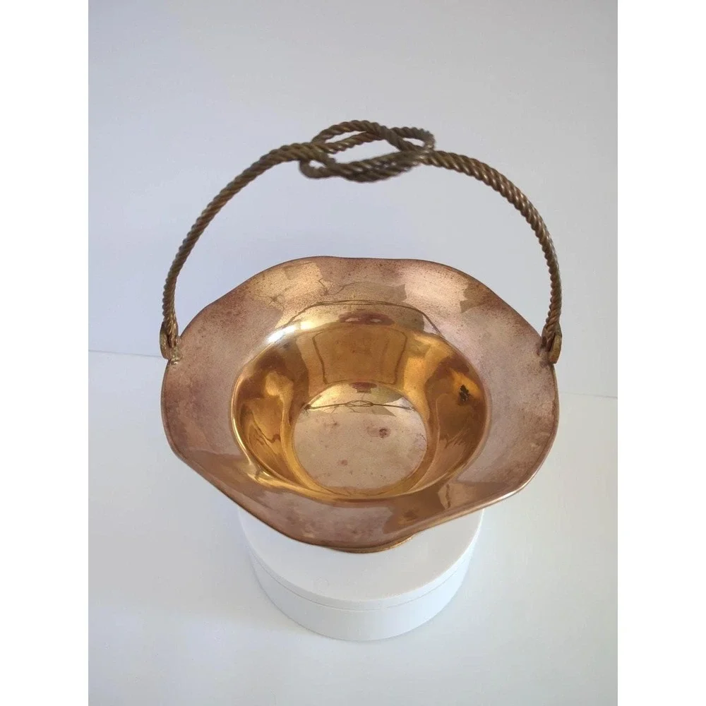 Vintage Brass Flower Basket Rotating Knot Handle Scalloped Patina Trinket Dish